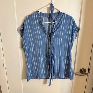 CICI Blue White Stripe Tie Neck Collar Button Down Blouse Shirt Women's Medium